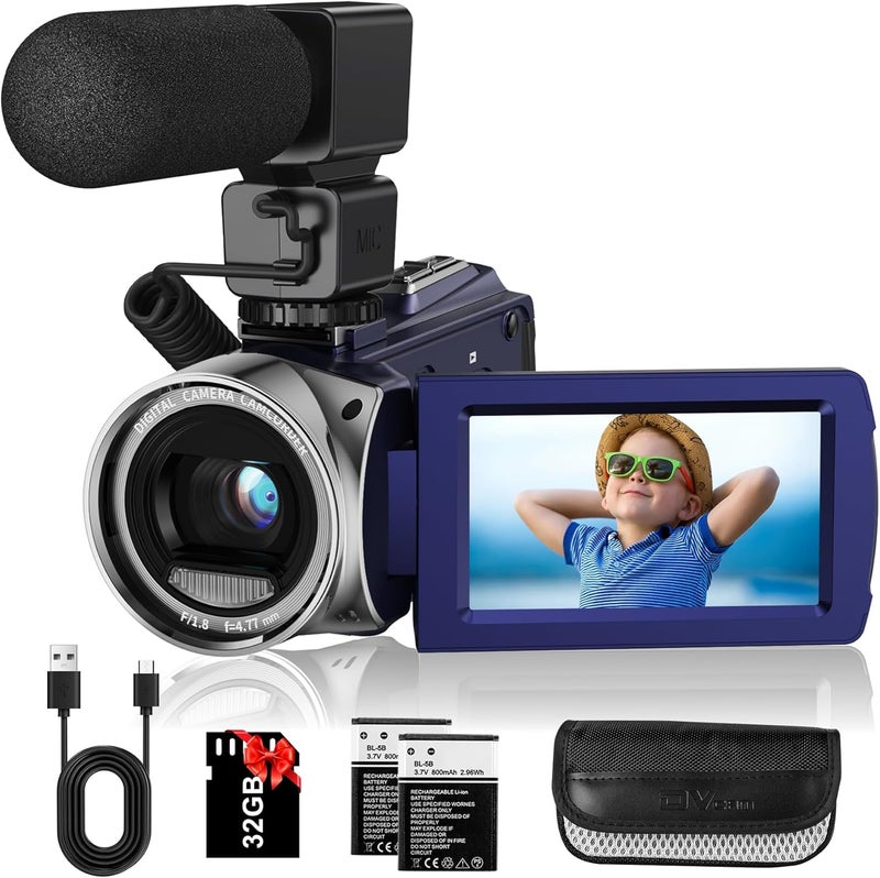 Rawiemy Video Camera Camcorder FHD 1080P 36MP YouTube Vlogging Camera Recorder 3.0 Inch 270 Degree Rotation Screen 18X Digital Zoom Camcorders with Microphone,32GB SD Card and 2 Batteries(Blue) - Image 1
